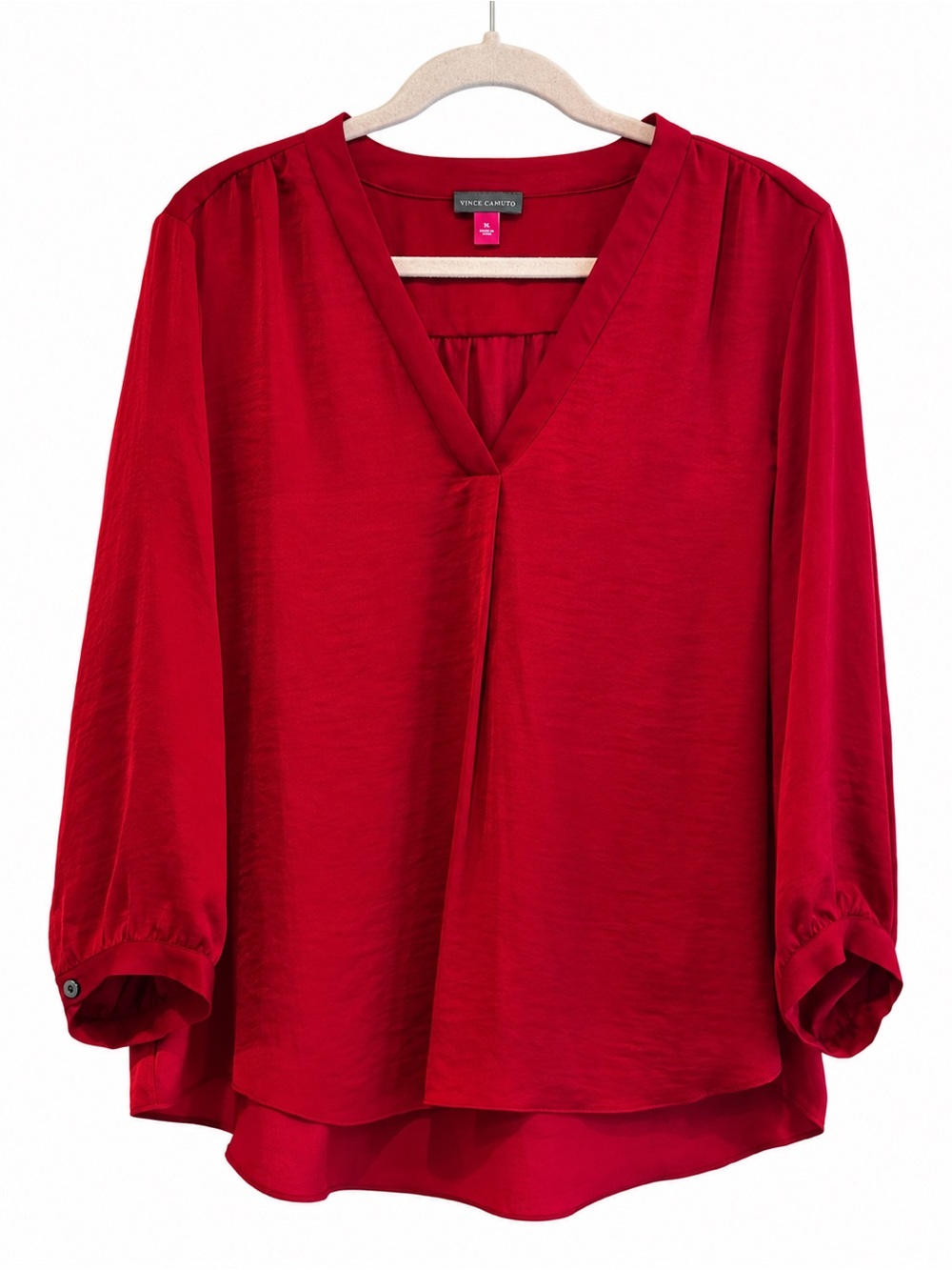 Vince Camuto XL Red V-Neck Blouson Sleeve Hi-Low Holiday Blouse Silky Sheen